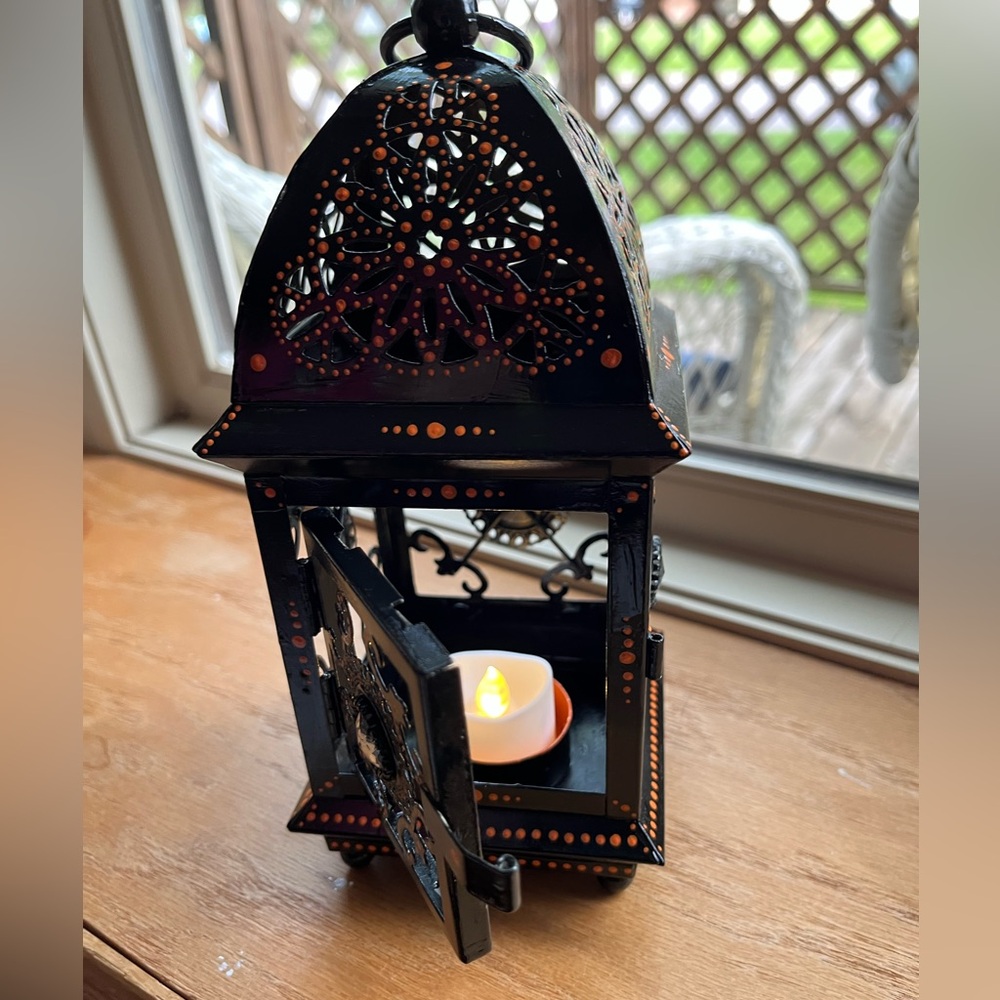 Handpainted Metal Black and Orange Decorative Lantern - Picture 7 of 8